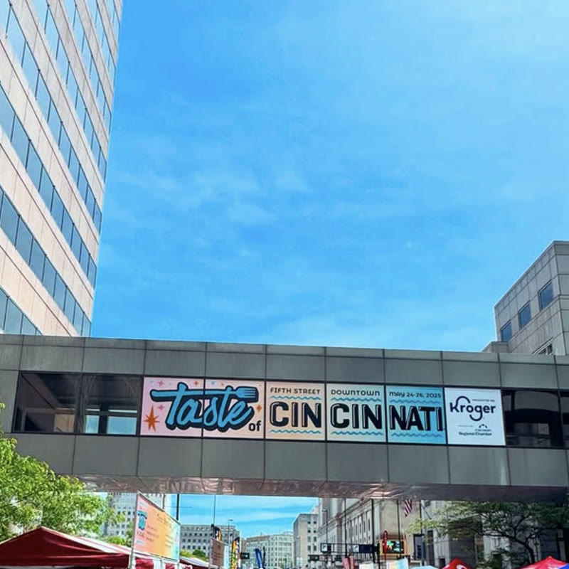 The Taste of Cincinnati banner over Fifth Street downtown